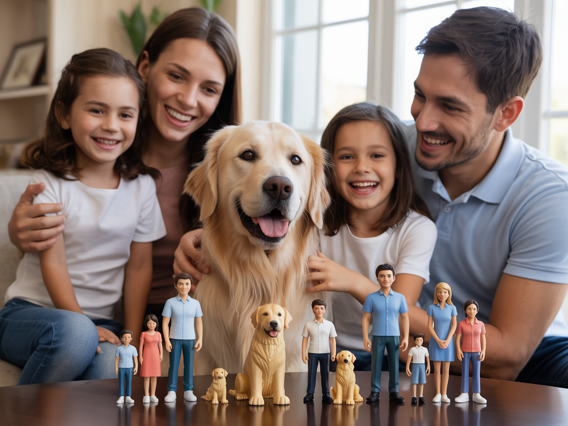 Family with dog and 3D figures